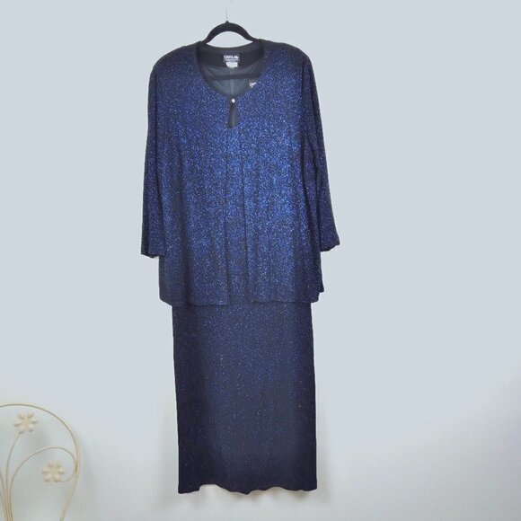 Vintage Navy Blue Sparkling Drop Waist Sheath Gown with Matching Jacket  Sz L - Picture 1 of 16